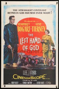 5r522 LEFT HAND OF GOD 1sh 1955 art of priest Humphrey Bogart with gun + sexy Gene Tierney!