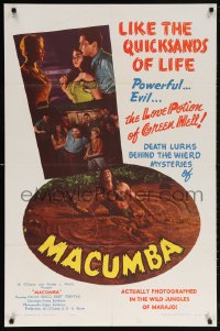 5r558 MACUMBA 1sh 1956 artwork of a wild jungle beauty & love-hungry men fighting!