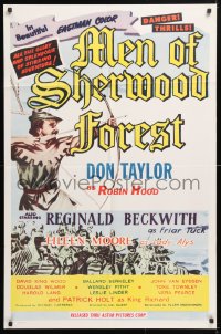 5r630 MEN OF SHERWOOD FOREST 1sh 1956 art of Don Taylor as Robin Hood fighting many guards!