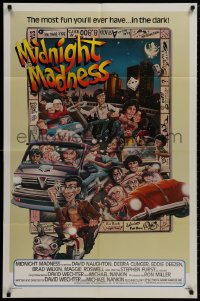 5r633 MIDNIGHT MADNESS 1sh 1980 cool art of entire cast in boardgame by David McMacken!