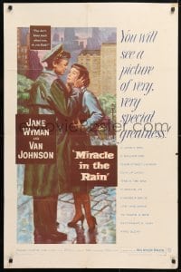 5r637 MIRACLE IN THE RAIN 1sh 1956 great romantic art of Jane Wyman & Van Johnson!