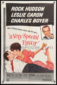 5r926 VERY SPECIAL FAVOR 1sh 1965 Rock Hudson kisses sexy Leslie Caron, Charles Boyer!