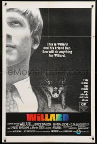 5r977 WILLARD 1sh 1971 creepy close up of Bruce Davison with pet rat on shoulder!