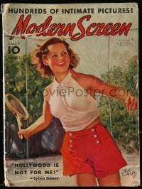 5s378 MODERN SCREEN magazine July 1938 art of sexy Simone Simon playing tennis by Earl Christy!