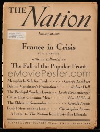 5s426 NATION magazine January 22, 1938 France in Crisis, The Prodigal Sinclair Lewis & more!
