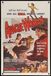 5t054 APACHE WOMAN 1sh 1955 art of naked cowgirl in water pointing gun at Lloyd Bridges!
