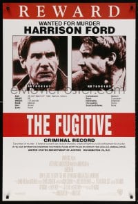 5t335 FUGITIVE recalled int'l 1sh 1993 Harrison Ford is on the run, cool wanted poster design!