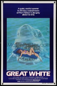 5t368 GREAT WHITE 1sh 1982 great artwork of huge shark attacking girl in bikini on raft!