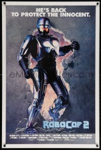 5t729 ROBOCOP 2 int'l 1sh 1990 full-length cyborg policeman Peter Weller busts through wall, sequel!