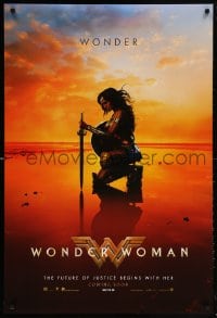 5t977 WONDER WOMAN int'l teaser DS 1sh 2017 image of sexy Gal Gadot in title role kneeling on beach!