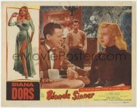 5w284 BLONDE SINNER LC 1956 sexy bad girl Diana Dors at table drinking & wearing turtleneck!
