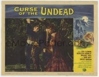 5w357 CURSE OF THE UNDEAD LC #2 1959 close up of man about to stab kissing lovers under tree!