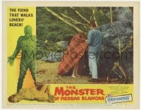 5w620 MONSTER OF PIEDRAS BLANCAS LC #6 1959 man gives blanket to girl on beach, cool border art!