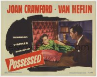5w698 POSSESSED LC #3 1947 c/u of Raymond Massey staring at scared Joan Crawford in bed!