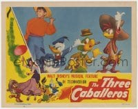 5w868 THREE CABALLEROS LC 1944 Donald Duck, Panchito & Joe Carioca hitchhiking with kid, Disney!