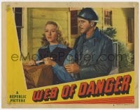 5w933 WEB OF DANGER LC #8 1947 close up of suave worker Damian O'Flynn & worried Adele Mara!