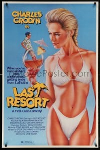 5z721 LAST RESORT 1sh 1986 wacky sexy art of woman in bikini holding Charles Grodin in glass!