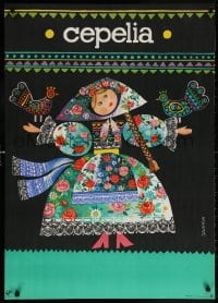 5z044 CEPELIA Polish 26x37 1980 wonderful art of colorful dress and two birds by Salanon!