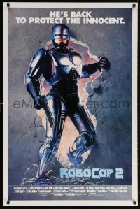 5z841 ROBOCOP 2 int'l 1sh 1990 full-length cyborg policeman Peter Weller busts through wall, sequel!
