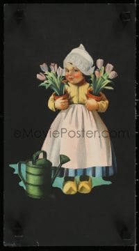 5z135 UNKNOWN ART PRINT 8x15 Dutch art print 1930s-1940s cool art of girl with flowers!
