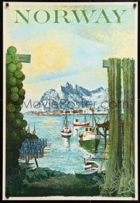 5z078 NORWAY 26x38 Norwegian travel poster 1950s great art of fishing boats in fjord!