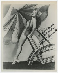 6b725 BONITA GRANVILLE signed 8x10.25 REPRO still 1970s sexy swimsuit portrait w/ umbrella & chair!