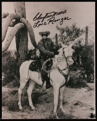 6b737 CLAYTON MOORE signed 8x10 REPRO still 1990s as the Lone Ranger riding Silver, includes comic!