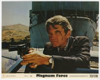 6b294 HAL HOLBROOK signed 8x10 mini LC #4 1973 close up with gun in a scene from Magnum Force!