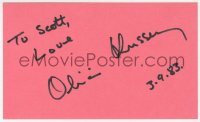 6b513 OLIVIA HUSSEY signed 3x5 index card 1983 it can be framed & displayed with a repro still!