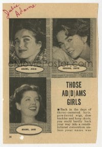 6b538 JULIE ADAMS signed magazine page 1950s on an article about Those Ad(d)ams Girls!