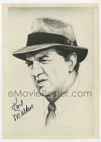 6b421 KARL MALDEN signed 5x7 photo 1980s artwork portrait with fedora & scowl on his face!