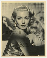6b423 LANA TURNER signed 8x10 photo 1950s sexy head & shoulders portrait in strapless dress!
