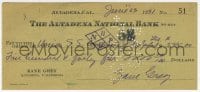 6b115 ZANE GREY signed 3x6 canceled check 1931 he paid $545 to Union S.S. Company of New Zealand!