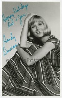 6b436 SANDY DUNCAN signed 4x7 photo 1980s seated smiling portrait in colorful dress!