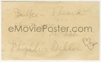 6b573 PHYLLIS DILLER signed 3x5 cut album page 1980s it can be framed & displayed with a repro!