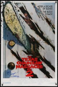 6b080 TEXAS CHAINSAW MASSACRE PART 2 signed 1sh 1986 by Bill Johnson, who played Leatherface!