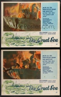 6c921 CRUEL SEA 2 English LCs 1953 Charles Frend, cool WWII Naval battle images and border art!