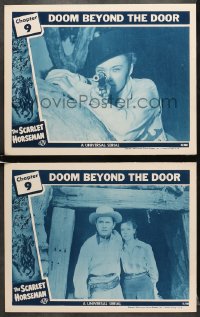 6c976 SCARLET HORSEMAN 2 chapter 9 LCs 1946 Janet Shaw with gun, serial, Doom Beyond the Door!