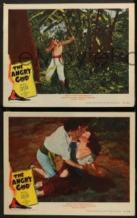 6c818 ANGRY GOD 3 LCs 1948 art of sexy native woman & man by a blazing volcano in furious eruption!