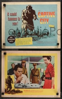 6c115 CAPTIVE CITY 8 LCs 1952 cool tc art of John Forsythe looming over city, Robert Wise film noir