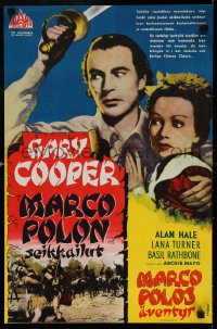 6f218 ADVENTURES OF MARCO POLO Finnish R1950s art of Gary Cooper, Basil Rathbone, Sigrid Gurie!