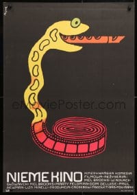 6f479 SILENT MOVIE Polish 23x33 1977 cool Flisak art of snake with film strip body playing flute!
