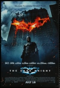 6g650 DARK KNIGHT int'l advance DS 1sh 2008 Christian Bale as Batman in front of burning bat symbol!
