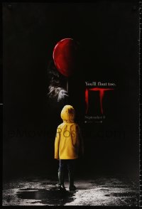 6g741 IT teaser DS 1sh 2017 creepy image of Pennywise handing child balloon, you'll float too!