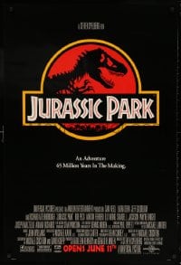 6g748 JURASSIC PARK advance 1sh 1993 Steven Spielberg, classic logo with T-Rex over red background