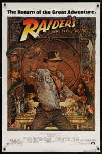 6g863 RAIDERS OF THE LOST ARK 1sh R1982 great Richard Amsel art of adventurer Harrison Ford!