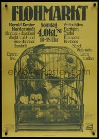 6g395 FLOHMARKT 24x33 German special poster 1980s collectibles in a bird cage, flea market!