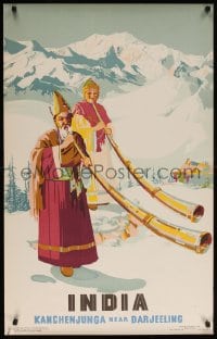 6g138 INDIA 25x40 Indian travel poster 1958 Kanchenjunga near Darjeeling, monks w/ Tibetan horns!