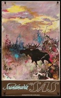 6g147 SAS SCANDINAVIA 25x39 Danish travel poster 1960s Otto Nielson art of moose in the forest!