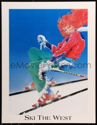 6g150 SKI THE WEST 20x26 travel poster 1980s United Airlines, art of pretty woman skiing!